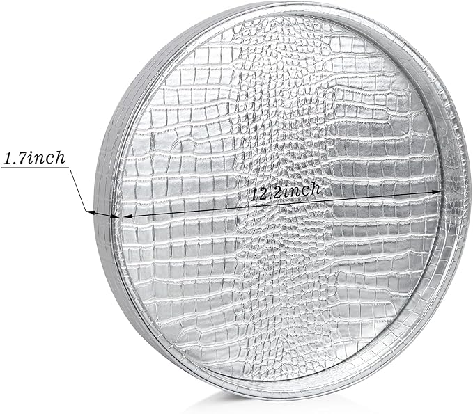 HofferRuffer Faux Leather Round Serving Tray, Vegan Croco Leather Decorative Tray, Food Tray for Storage Drinks, Snack & Cosmetics, Dia.12'' x 1.6'' (Silver)