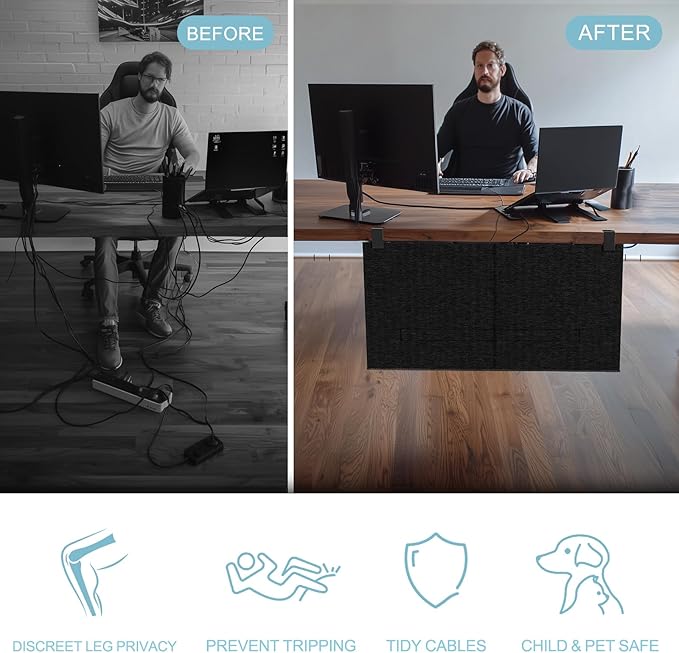 No Drill Under Desk Cable Management and Privacy Panel 2 in 1 | Modesty Panel with Cord Organizer |Felt Standing Desk Back Skirt for Office,Home(23.6")