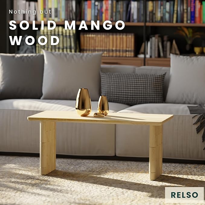 Bambos Coffee Table | Sold Mango Wood Center Table with Natural Finish | Handcrafted Accent for Living Room, Modern Decor, Apartment or Office | Bamboo Inspired Legs, Easy Assembly, Durable, Compact