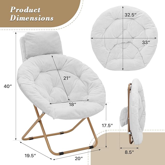 Athena Collection Comfy Saucer Chair with Headrest Oversize Round Cozy Chair Folding Chair Faux Fur Metal Frame Foldable Reading Chair Accent Chair for Bedroom Living Room Set of 2, White