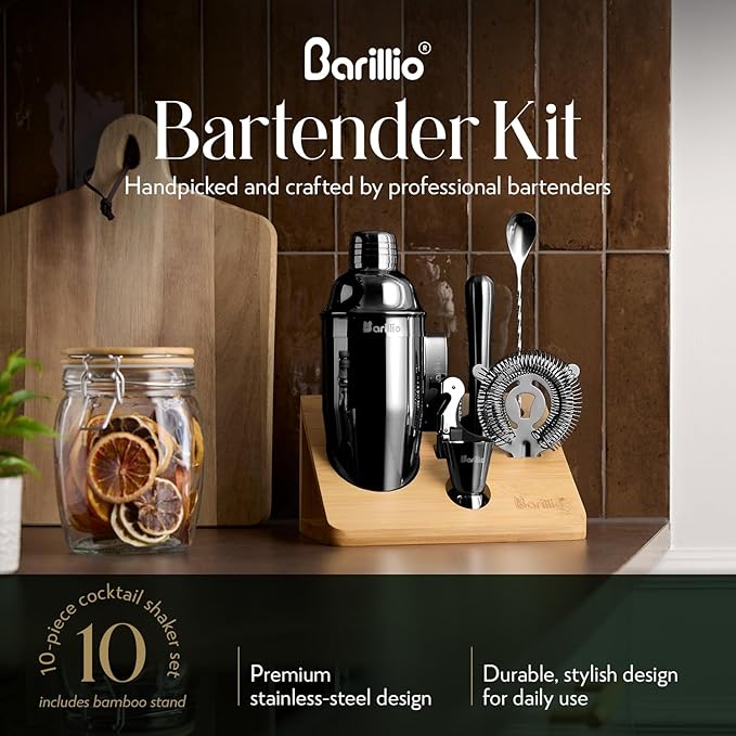 Barillio Black Bartender Kit - Stainless-Steel Cocktail Shaker Set w/Bamboo Stand - Mixology Bar Tools w/Shaker, Drink Mixer Spoon & Muddler for Cocktails - Home Bar Accessories - 10-Pc Bar Set