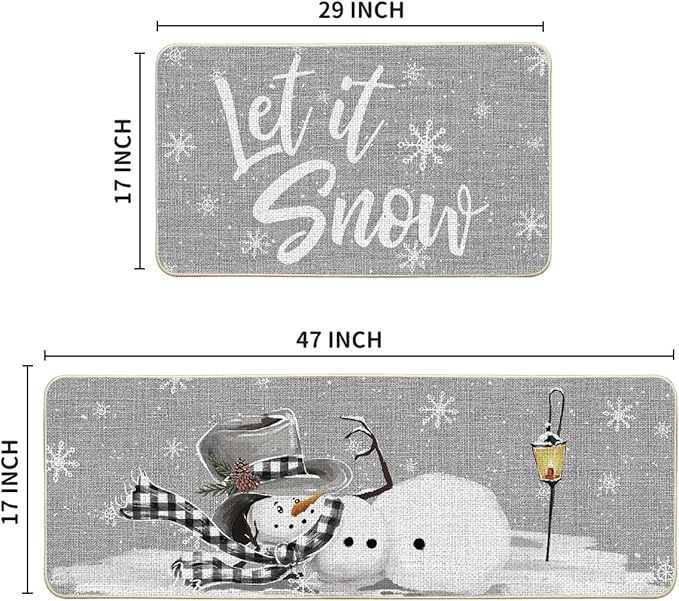 Artoid Mode Grey Let It Snow Snowflake Snowman Winter Kitchen Mats Set of 2, Christmas Decor Low-Profile Kitchen Rugs for Floor - 17x29 and 17x47 Inch