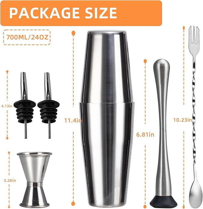 6 Piece 24oz Professional Cocktail Shaker Set with Built-in Strainer,Martini and Margarita Shaker for Home Bar, Boston Bartending Kit Gift for Beginners (700ml/24oz)
