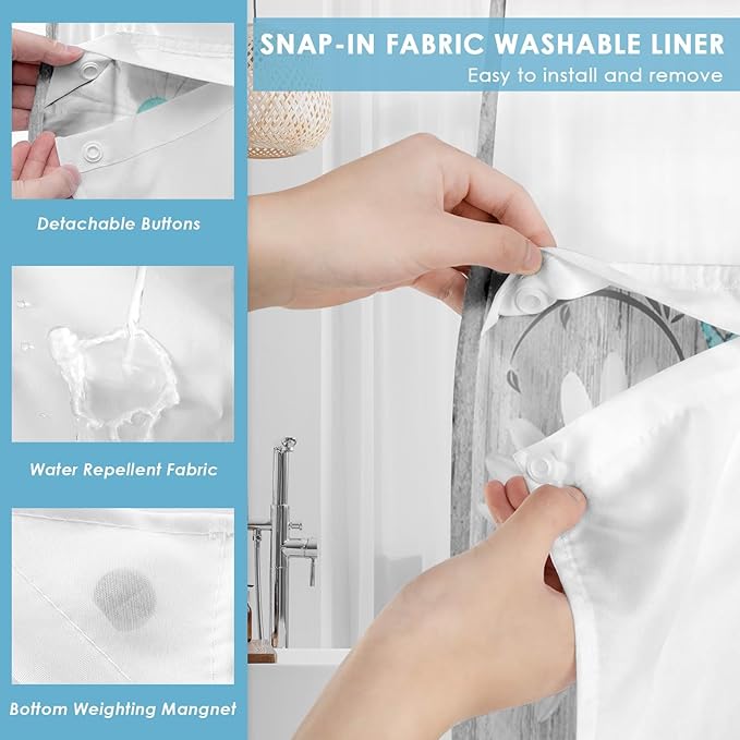 No Hook Flower Daisy Shower Curtain with Snap in Fabric Liner Set, Gray Wooden Boards Double Layers Waterproof Fabric with See Through Top Window Open Grommet Bath Curtain 71x86 Inch