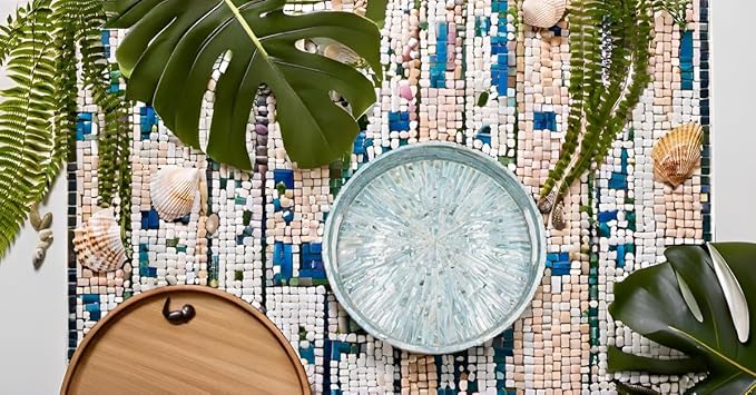 PEMAR 12.6” Mother of Pearl Round Serving Tray with Handles, Decorative Nacred Wooden Ottoman Coffee Table Tray (Teal Sunlight)