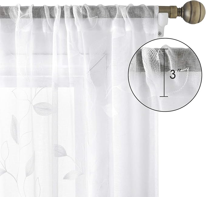 HOMEIDEAS White Sheer Kitchen Curtains 52 x 54 Inch Length 2 Panels Embroidered Leaf Pattern Short Curtains for Bedroom Half Small Window Rod Pocket Tiers