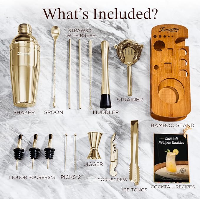 KITESSENSU Cocktail Shaker Set Bartender Kit with Stand | Bar Set Drink Mixer Set with All Essential Accessory Tools: Martini Shaker, Jigger, Strainer, Mixer Spoon, Muddler |Champagne Gold