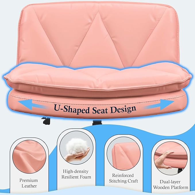 Criss Cross Chair with Wheels and Back,Cross Legged Office Chair with 2-Layer Cushion,Swivel Leather Home Office Desk Chairs Height Adjustable for Make Up,Bedroom,Pink
