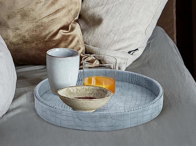 HofferRuffer Faux Leather Round Serving Tray, Vegan Croco Leather Decorative Tray, Food Tray for Storage Drinks, Snack & Cosmetics, Dia.12'' x 1.6'' (LightBlue)