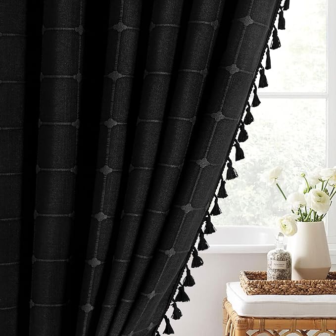 MitoVilla 72 x 78 Black Farmhouse Shower Curtain Set, Boho 78 inch Long Polyester Linen Tassel Fabric Shower Curtain Set for Chic Cottagecore French Rustic Bathroom Decor