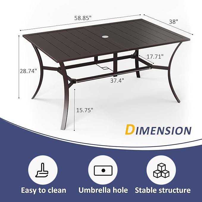 Amopatio 7 Pieces Patio Dining Set, Outdoor Table and Chairs, Square Metal Table with Umbrella Hole, 6 Stackable Chairs, Patio Furniture Sets for Deck, Backyard, Garden and Poolside, Brown