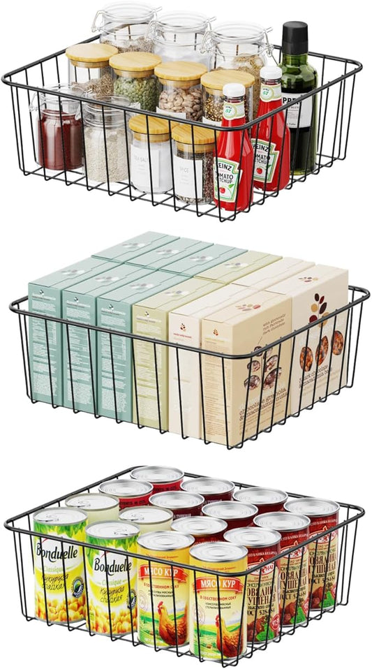 iSPECLE Wire Basket for Pantry - 3 Pack Pantry Baskets Organizer Bins, Cabinet Shelf Kithen Storage Organization for Easily Get Items, Black