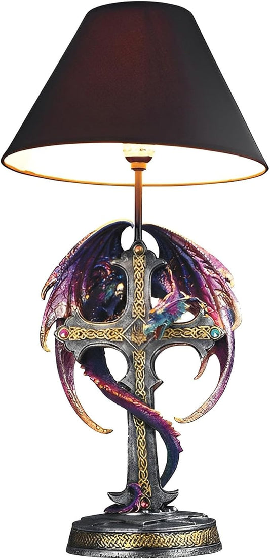 ICE ARMOR 24.5" Fantasy Collectible Dragon Statue Table Lamp Wrap Around Cross with Fabric Light Shade for Gothic and Medieval Décor, 99GSC71793