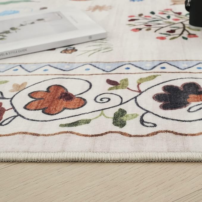 Rugcomf Area Rugs 8x10 Rug for Living Room Clearance Washable Boho Area Rug Non Slip Floral Animal Cat Vintage Low Pile Large Rug for Living Room Bedroom Farmhouse Dining Room Kids Playroom, Beige