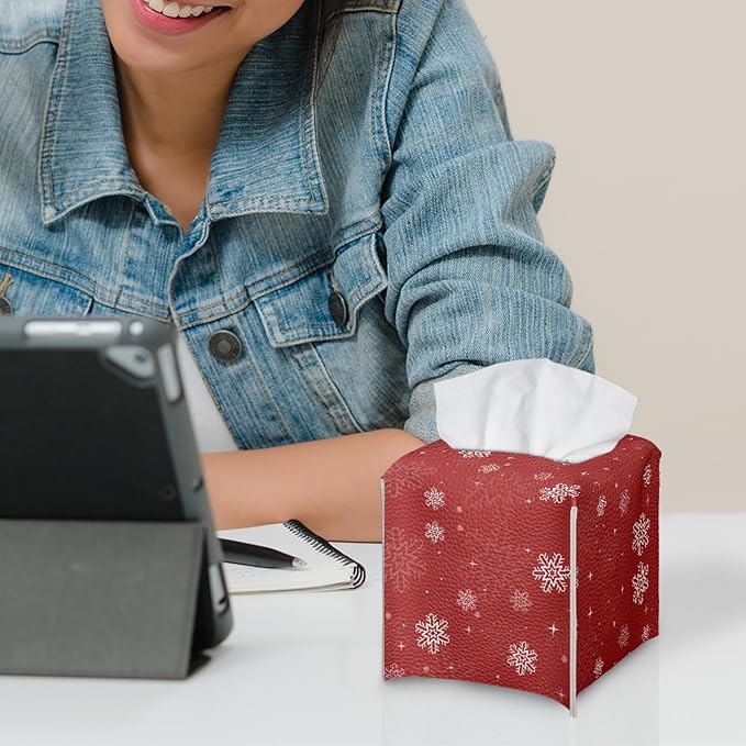 Christmas Square Tissue Box Cover Aesthetic Desk Decor for Home Office Car, PU Leather Tissues Cube Boxes Holder Bedroom/Bathroom/Kitchen Facial Napkin Holder Storage