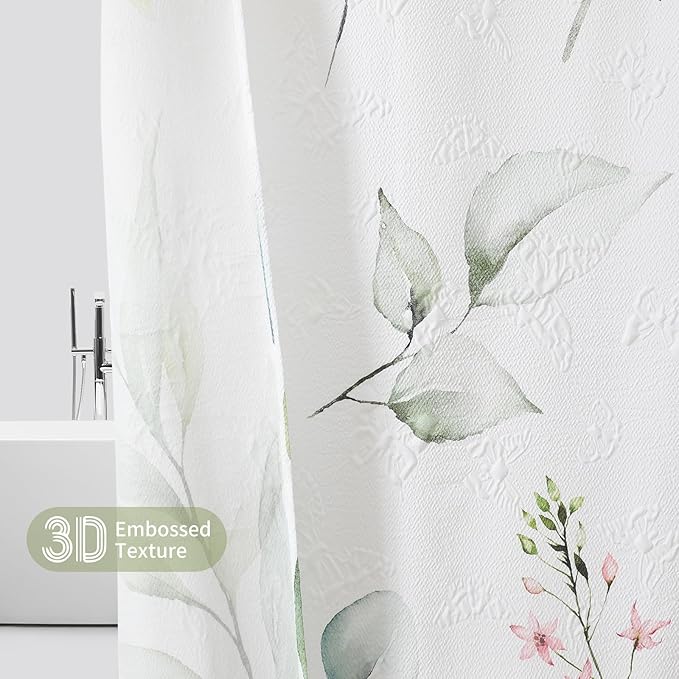QIYI Watercolor Eucalyptus Shower Curtain, 3D Embossed Butterflies Floral Bathroom Curtain, Minimalist White Farmhouse Bath Curtain, Waterproof Fabric Green Leaves Shower Curtain Set with Hooks, 72x72
