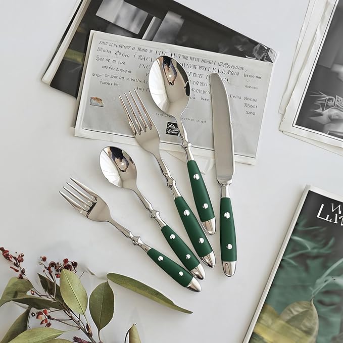 20-Piece Silverware Set, Stainless Steel Flatware Set, Service for 4, Vintage Cutlery Set with Green Bakelite Handle, Mirror Polished | Rustic | Dishwasher Safe