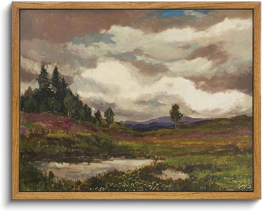 KISSFOX Vintage Landscape Canvas Wall Art Farmhouse Hills Pond Clouds Framed Wall Art Natural Countryside Paintings Artwork Rustic Art Prints For Bedroom Bathroom Living Room