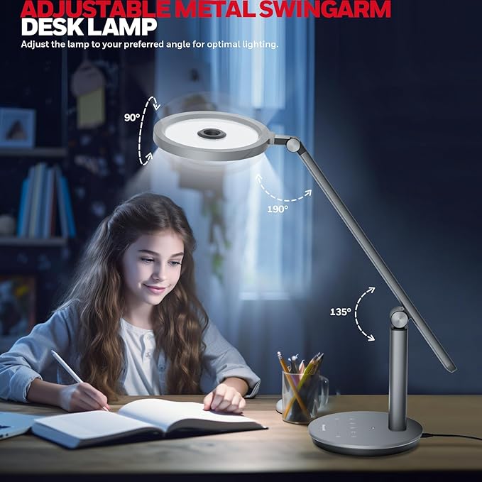 Honeywell Desk Lamp for Home Office, H6 Sunturalux™ Eye-Caring Led Desk Light, 800LM Dimmable Desk Lamp with Timer, Touch Control Tall Desk Reading Light, Table Lamp for Circle Webcam, Study, Bedroom