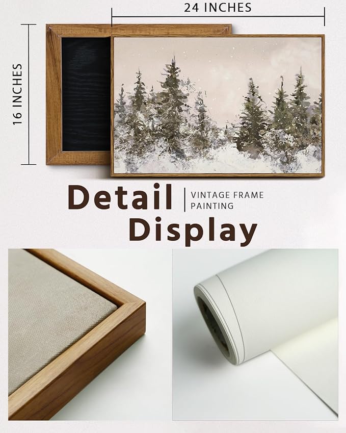 VIYYIEA Framed Canvas Wall Art, Vintage Christmas Decor, Large Winter Forest Watercolor Picture Paintings Gifts, Retro xmas Nature Decorations for Bedroom Living Room Fireplace, 16x24In