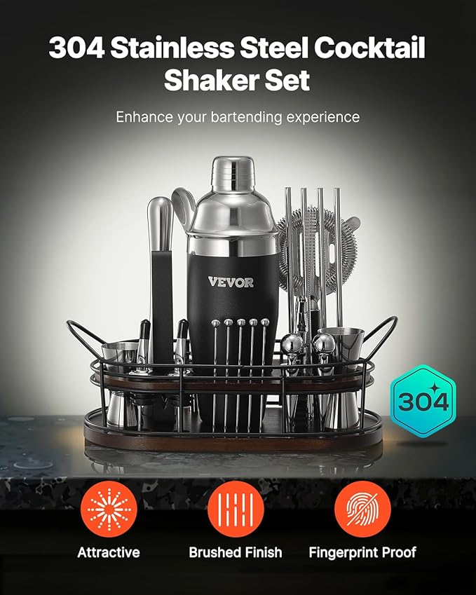 VEVOR Cocktail Shaker Set, 23-Piece Stainless Steel Bar Tools with Bamboo Stand, Martini Bartender Kit Accessories | Mixer Spoon, Muddler, Jiggers, Strainer, Liquor Pourers, Ice Tong, Corkscrew