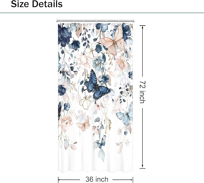 Small Stall Blue Pink Shower Curtain 36Wx72L Inch RV Narrow Floral Butterfly Spring Summer Plant Botanic Natural Gold Green Leaves Bathroom Set Girl Bath Curtain Bathtub Accessories Home Decor