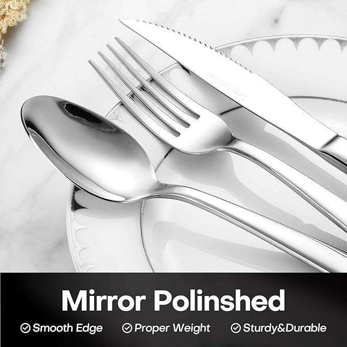 Lazycorner 53 Piece Silverware Set wiith Steak Knives and Serving Utensils 304 Stainless Steel Flatware Set Mirror Polished Eating Utensils Sets Silverwear Cutlery Set, Dishwasher Safe