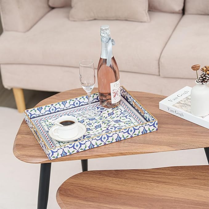 Serving Tray, Boho Plastic Food Trays for Eating on Lap Decorative Coffee Tray with Handles Rectangular Non-Slip Candle Plate, 15.7"x11.8"x1.6" Large Drinks Platter for Kitchen/Living Room/Bedroom