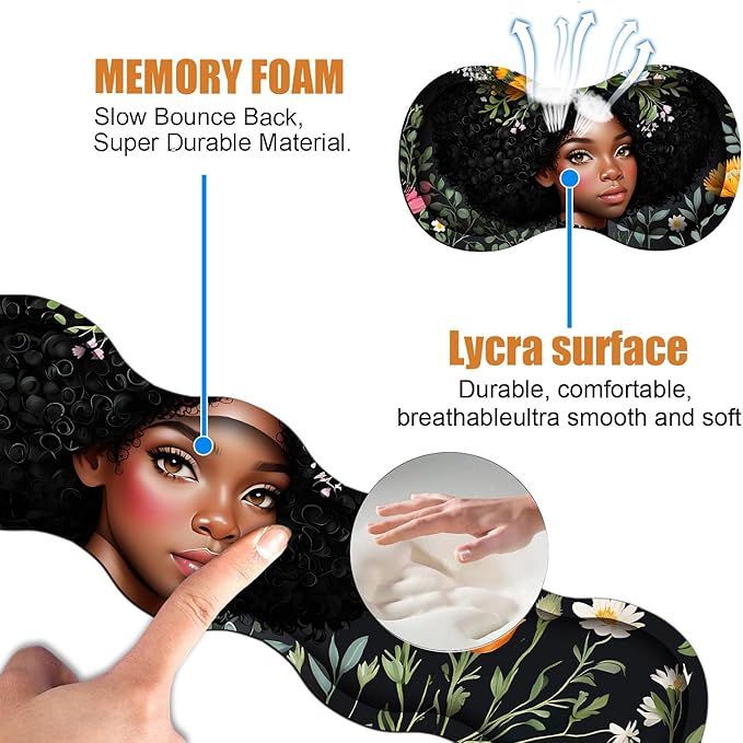 4 in 1 Ergonomic Keyboard Wrist Rest & Mouse Pad Wrist Rest Set, Large XXL Gaming Desk Mat 31.5"x 11.8" with Non-Slip Base, Memory Foam for Home Office Study Gaming, American Black Girl