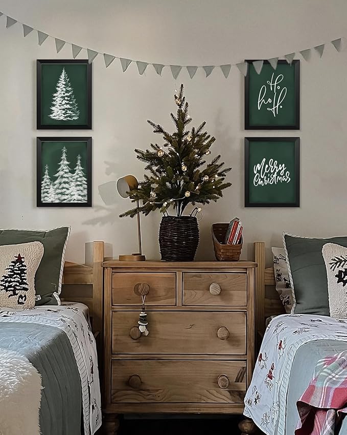 Wheatwin Vintage Christmas Green Wall Art Prints Set of 4, Merry Christmas Sign Decor Wall Art Poster Decorations for Bathroom Living Room Bedroom, 12x16 (Unframed)