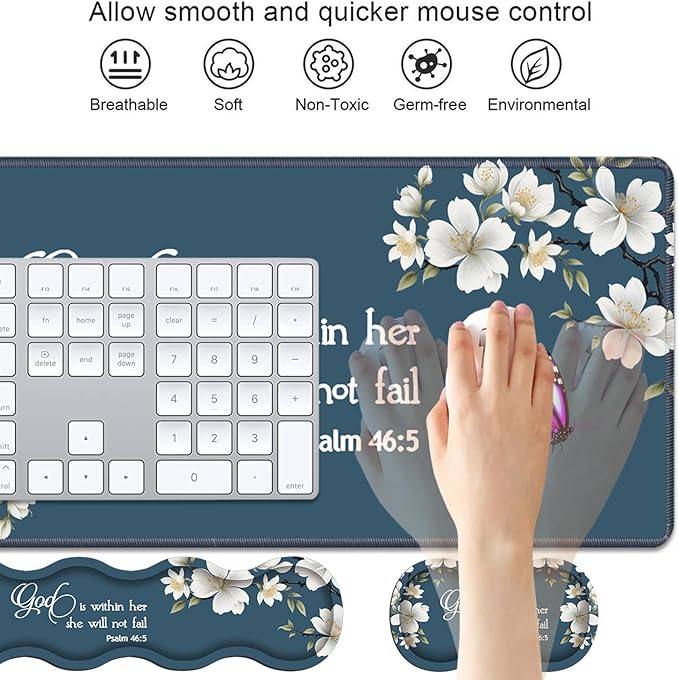 4 in 1 Ergonomic Keyboard Wrist Rest & Mouse Pad Wrist Rest Set,Large XXL Gaming Desk Mat 31.5"x 11.8" with Non-Slip Base,Memory Foam for Home Office Study Gaming,Floral Quote Bible Verse Psalm 46:5