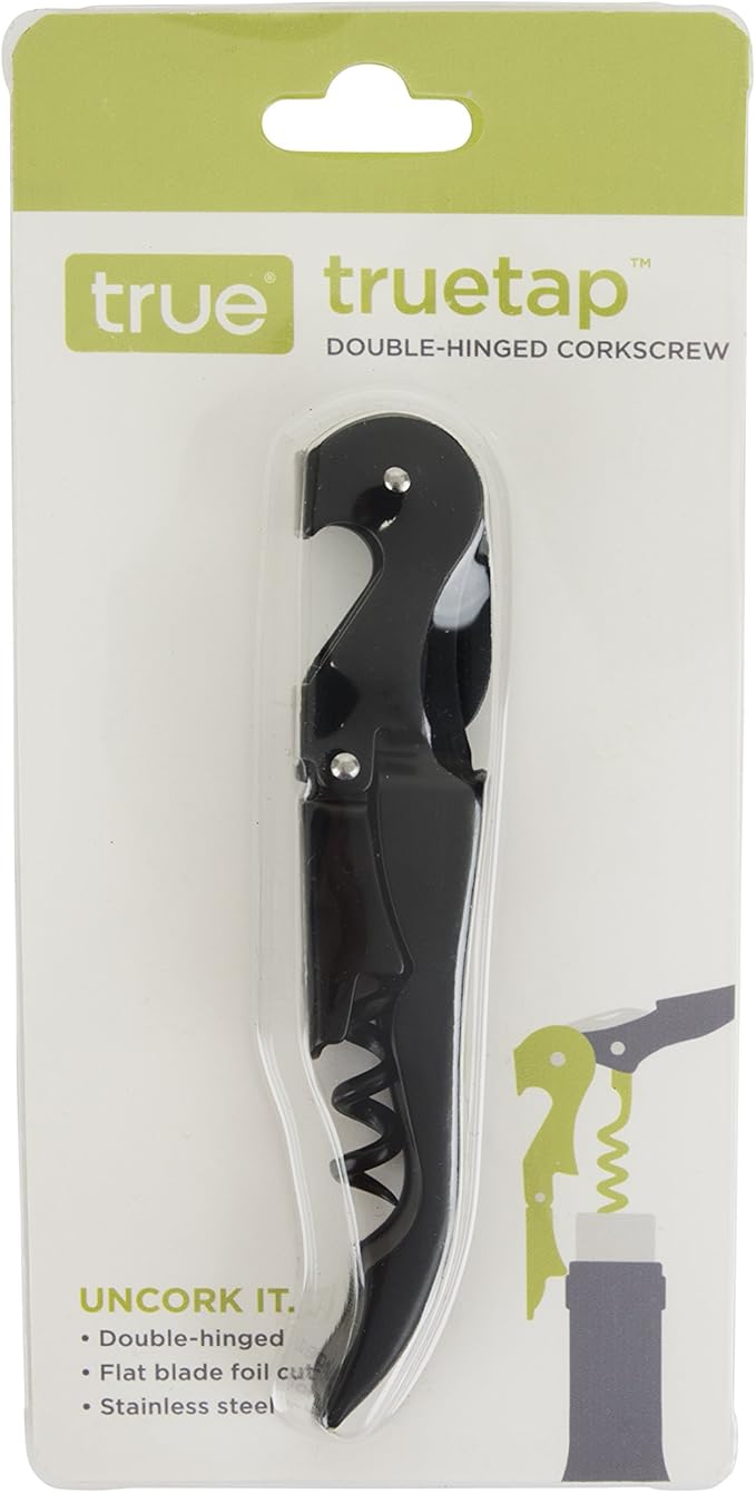 True Truetap Double Hinged Waiter's Corkscrew Wine Opener, Stainless Steel Wine Bottle Opener with Built In Foil Cutter, Home Bar Tools, Bar Cart Accessories, Wedding Gifts, Set of 1, Matte Black