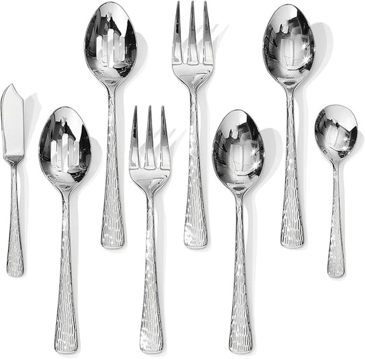 KINGSTONE Hammered 8-Piece Serving Utensil Set, 18/10 Stainless Steel Flatware for Catering, Party Include Spoons, Slotted Spoon, Fork, Butter Knife - Mirror Finish & Dishwasher Safe