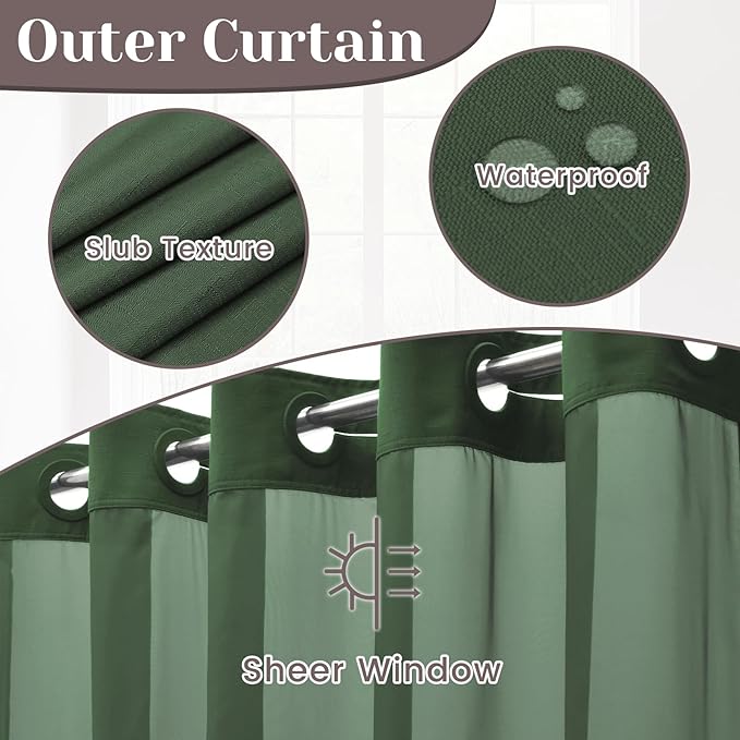 No Hook Slub Textured Shower Curtain with Snap in Liner - Dark Green Fabric Outer Curtain & Waterproof Inner Liner, Hotel Style with See Through Top Window, 71x74 in
