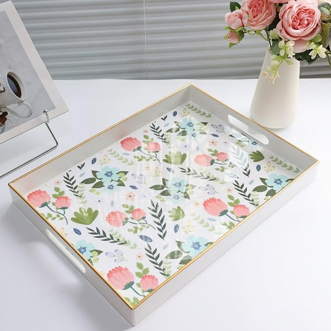 Rectangle Serving Tray with Handles, Coffee Table Tray for Ottoman, Organizer Vanity Tray for Living Room, Outdoor Tray for Patio Entertaining, Serving Breakfast Kitchen Platter LEE3040WH