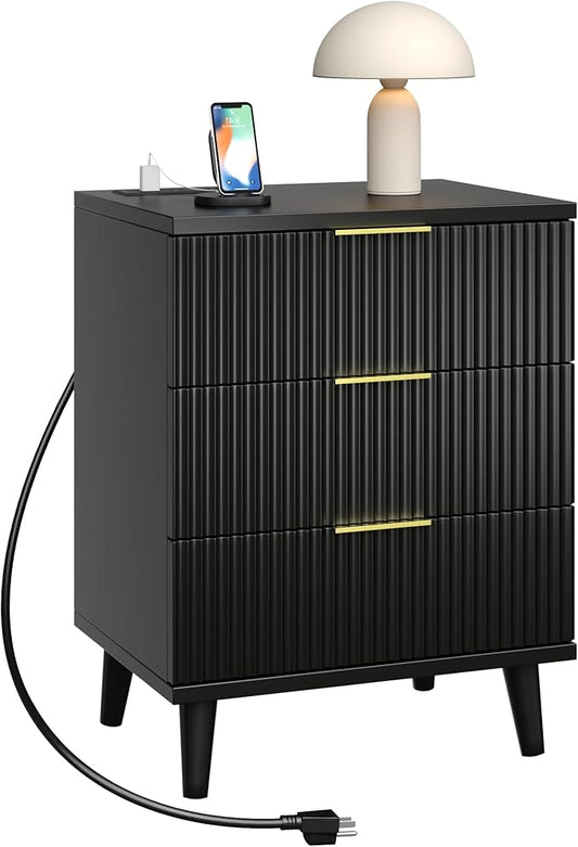 Fluted Black Nightstand with USB Charging Station, 3-Drawer Dresser Wood Modern Night Stand Bedside Table with Quiet Drawers & Large Storage End Table for Bedroom