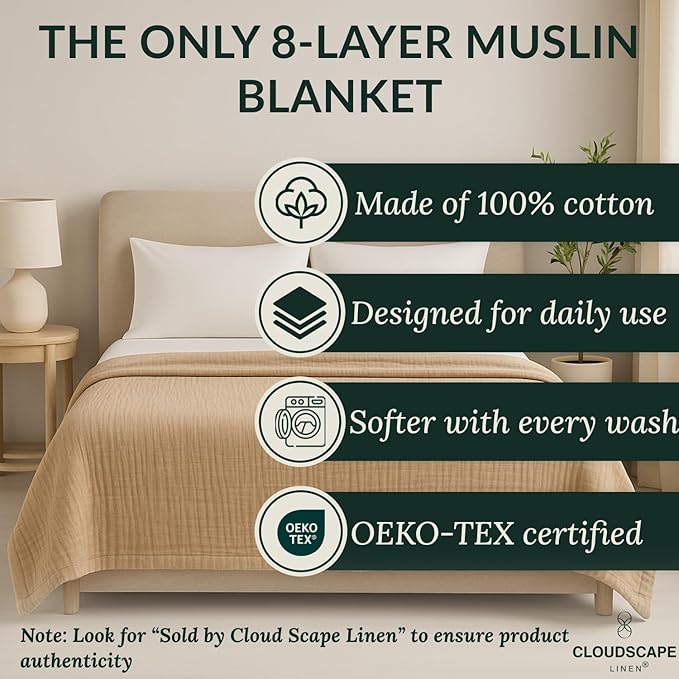 Cloud Scape Linen 100% Cotton 8 Layer Muslin Blanket Twin Size,Lightweight, Breathable Bed Blanket, Suitable for All Season, Cotton Gauze for Couch & Sofa, 68x92, Beige Fog