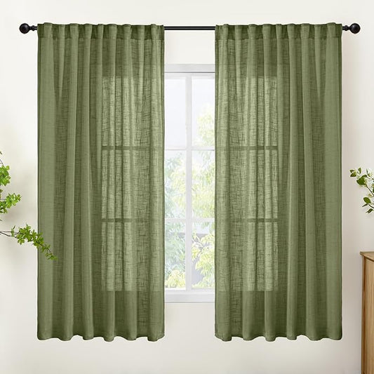 YoungsTex Olive Green Linen Curtains 63 Inch Length for Living Room 2 Panels, Semi Sheer Window Drapes Light Filtering Rustic Textured with Rod Pocket Back Tab for Bedroom, 52 X 63 Inch