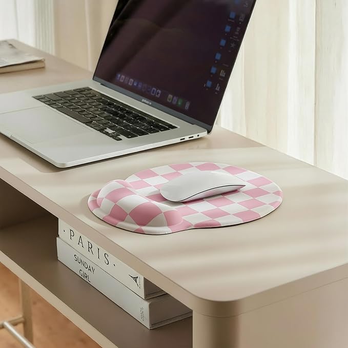 Pink Checkered Mouse Pad with Gel Wrist Rest, Wrist Support, Ergonomic Desk Accessories for Girls Women, Office Laptop Gaming Decor, Cute Aesthetic Trendy Check Design