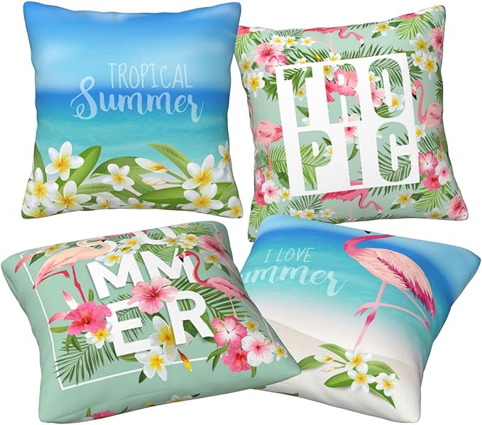 Summer Flamingo Decorative Throw Pillow Covers 18 x 18 Set of 4, Pink Bird Tropical Palm Leaves Flower Porch Patio Pillowcase, Beach and Blue Sky Pattern Cushion Case Decor