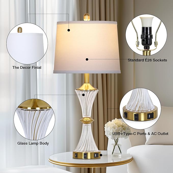 Crystal Glass Table Lamp Set of 2 with USB C+A Ports & AC Outlet, White Lamp, Modern Bedroom Lamps, Gold Lamp for Night Stands Bedroom Living Room,Nightstand Lamp LED Bulbs Included