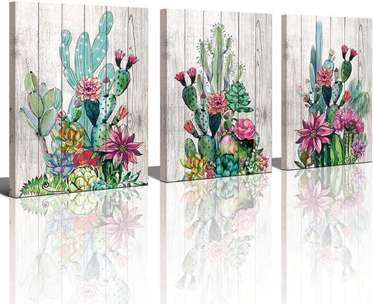 3 Piece Framed Wall Art Watercolor Tropical Plant Desert Cactus Canvas Print for Bedroom Bathroom Spiny Flower Artwork Home Office Wall Decoration 16x24 3 panels Decor