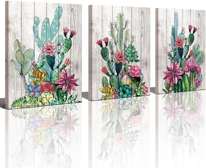 3 Piece Framed Wall Art Watercolor Tropical Plant Desert Cactus Canvas Print for Bedroom Bathroom Spiny Flower Artwork Home Office Wall Decoration 12x16 3 panels Decor