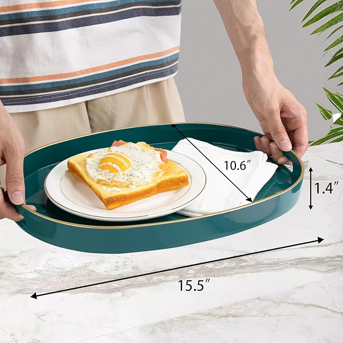 MAONAME Green Decorative Tray, Oval Serving Tray with Handles, Plastic Trays for Coffee Table, Ottoman Trays for Living Room, Bathroom, 15.6" X 10.6" X 1.4"