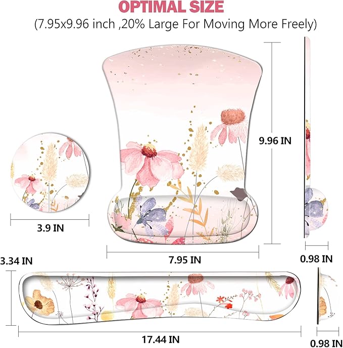 AIMSA Keyboard Wrist Rest and Mouse Pad with Wrist Support Set, Memory Foam Ergonomic Non-Slip Rubber Base, Easy Typing and Pain Relieve for Computer, Laptop,Pink Flowers