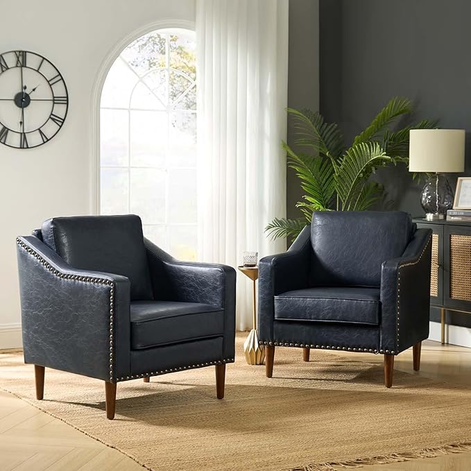 HULALA HOME Faux Leather Accent Armchairs Set of 2 with Back & Seat Cushions, Traditional Club Chairs with Nailhead Trim, Comfy Upholstered Sofa Chairs for Living Room Bedroom, Navy