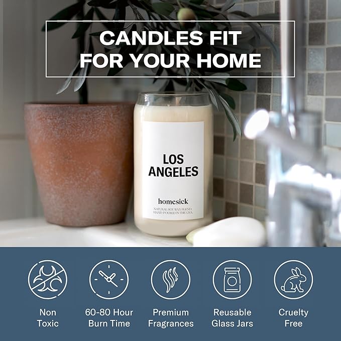 Homesick Scented Candles for Home (Los Angeles) - 13.75 oz Long-Lasting Soy Wax Jar Candle for Women & Men for All Occasions, 60-80 Hours Burn Time - Notes of Orange, Bergamot & Rose