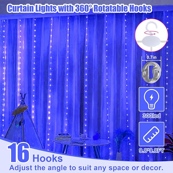 Blue Pixie Curtain Light, 9.8ft x 9.8ft Untangled Copper Wire String Lights, USB Powered Hanging Window Fairy Lights, 8 Lighting Modes, Remote Control for Home Christmas Wedding Party