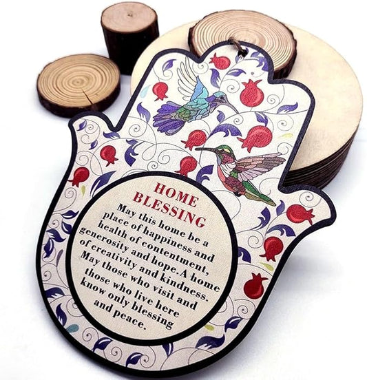ArancioneandQ (English Blessing) 7.1 Inch Hamsa Good Luck Home Blessing Red Pomegranates and birds Protection Amulet Hand Wall Hanging Decor Evil Eye Protection gifts for home