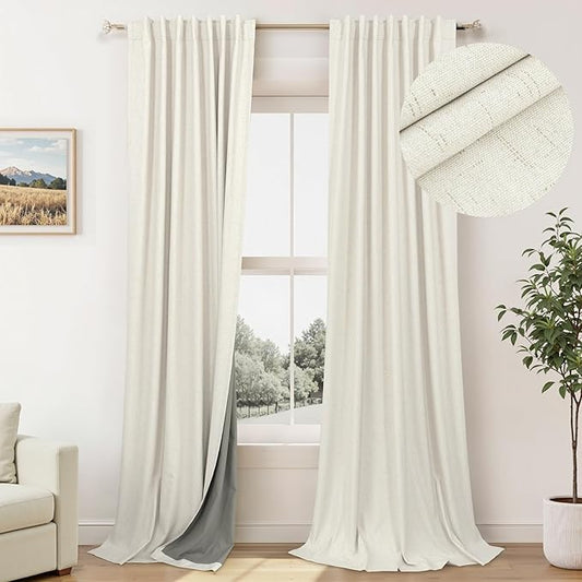 100% Blackout Thermal Curtains 98 Length 2 Panels Set for Bedroom Closet Room Divider Faux Linen Windows Rod Pocket Pleated Drapes Modern Farmhouse Living Room Darkening Curtains 98 Inches Long Cream
